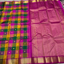 Vaibhogam- Stunning Palum Pazhamum Multichecks with Jari kattam and mayil chakram buttas Handwoven Pure 2g Jari Kanjivaram Silk with rich borders pallu and contrast pink blouse beauty