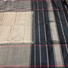 Gorgeous Handwoven Pure Zariless Korvai Kanjivaram Silk Saree in ivory with grey and black combination with temples woven long borders striped body classic seer pallu in black and contrast black blouse