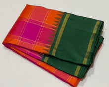 Sarasangi- Palum Pazhamum Checks Handwoven Pure Jari Korvai Kanjivaram Silk with jari kattam woven body beautiful bottle green borders pallu and contrast jari striped blouse