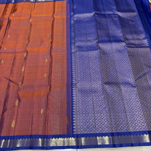 Sahana- Gorgeous Rust with Blue Jari Oosi Checks with Buttas Handwoven Pure Jari Kanjivaram Silk with small beautiful borders rich pallu and contrast woven blouse