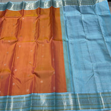 Dual tone Soft Orange with Powder Blue Buttas Handwoven Kai Korvai Kanjivaram Silk Saree with Rich borders pallu and contrast woven blouse beauty
