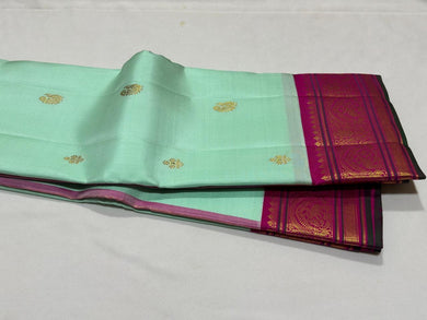 Turquoise Green with Fuchsia Pink Korvai with Buttas Handwoven Pure Jari Kanjivaram Silk Saree Beauty