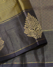 Sahana- Gorgeous Bronze Gold with Blackish Purple Handwoven Pure Jari Kanjivaram Silk with Striped body with rich jarioosi with buttas woven borders beautifully woven pallu and contrast blouse