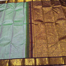 Dual tone Pastel Green short with Grape with Brown Korvai Vairaoosi Handwoven Pure Jari Kanjivaram Silk Saree Beauty