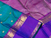 Peacock Bluish Green with Purple Buttas with Rettapet Borders Handwoven Pure Jari Kanjivaram Silk Saree Beauty