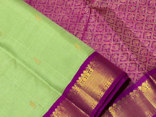 Gorgeous Pista Green with Vadamalli Purplish Pink Buttas Korvai Handwoven Pure Jari Kanjivaram Silk Saree Beauty