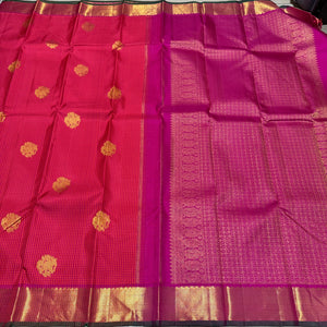 Orange with Rani Pink kasakasa Muthukattam with elephant motifs woven body with rich borders Pallu Handwoven Pure Jari Kanjivaram Silk Saree Beauty