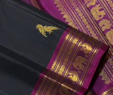 Sahana- Stunning Dark Kanchana Black with Deep Magenta Rettai Kili Buttas Handwoven Pure Jari Kanjivaram Silk with beautiful borders rich pallu and contrast woven blouse