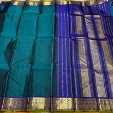 Rama Green with Dark Azure Blue Handwoven Pure Jari Kanjivaram Silk Saree with beautiful borders and light green selvedges rich Pallu and contrast woven blouse