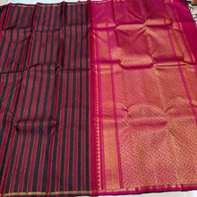 Saranga- Gorgeous Handwoven Pure Kanjivaram Silk in a beautiful Maroon and Black with Zari Striped body with small borders rich pallu and contrast woven blouse