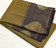 Sahana- Gorgeous Bronze Gold with Blackish Purple Handwoven Pure Jari Kanjivaram Silk with Striped body with rich jarioosi with buttas woven borders beautifully woven pallu and contrast blouse