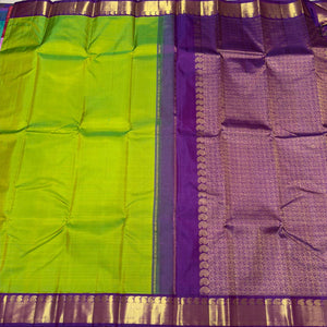 Sneha Green Purple Handwoven Pure Jari Korvai Kanjivaram Silk Saree Beauty 3.5 inches borders