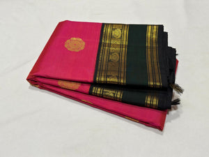 Dual tone tomato pink with black and green Handwoven Pure Jari Korvai Kanjivaram Silk Saree Buttas Beauty