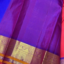 Dual tone Orange with Purple Handwoven Pure Jari Kanjivaram Silk Saree with rich borders pallu and contrast woven blouse