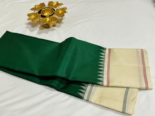 Bottle Green with Offwhite Handwoven Pure Zariless Korvai Kanjivaram Silk Saree with Temple Borders Beauty