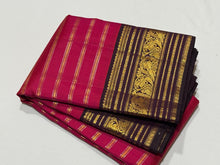 Vaibhogam -Gorgeous Tomato Pink with Deep Brown Handwoven Pure Jari Korvai Jari Veldhari Striped Body with rich varisaipet borders gorgeous pallu and contrast woven blouse