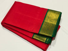 Sarasangi- Gorgeous Red with Emerald Green Handwoven Pure Jari Korvai Kanjivaram Silk with beautiful gandaberundas woven borders with rich 1000 buttas pallu and contrast emerald green blouse beauty