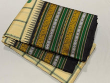 Saraswati- Offwhite with Deep Blackish Brown Handwoven Pure Premium Zariless Korvai Kanjivaram Silk with beautiful neli veldhari checked body with mango and chakram buttas with rich varisaipet borders rich pallu and contrast woven blouse