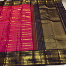 Vaibhogam- Stunning Tomato Reddish Pink with Coffee Brown Handwoven Pure Zari Korvai Kanjivaram Silk with Jari Beldhari Woven Beautiful Body with rich varisaipet borders gorgeous seer rich jari pallu and contrast veldhari striped blouse