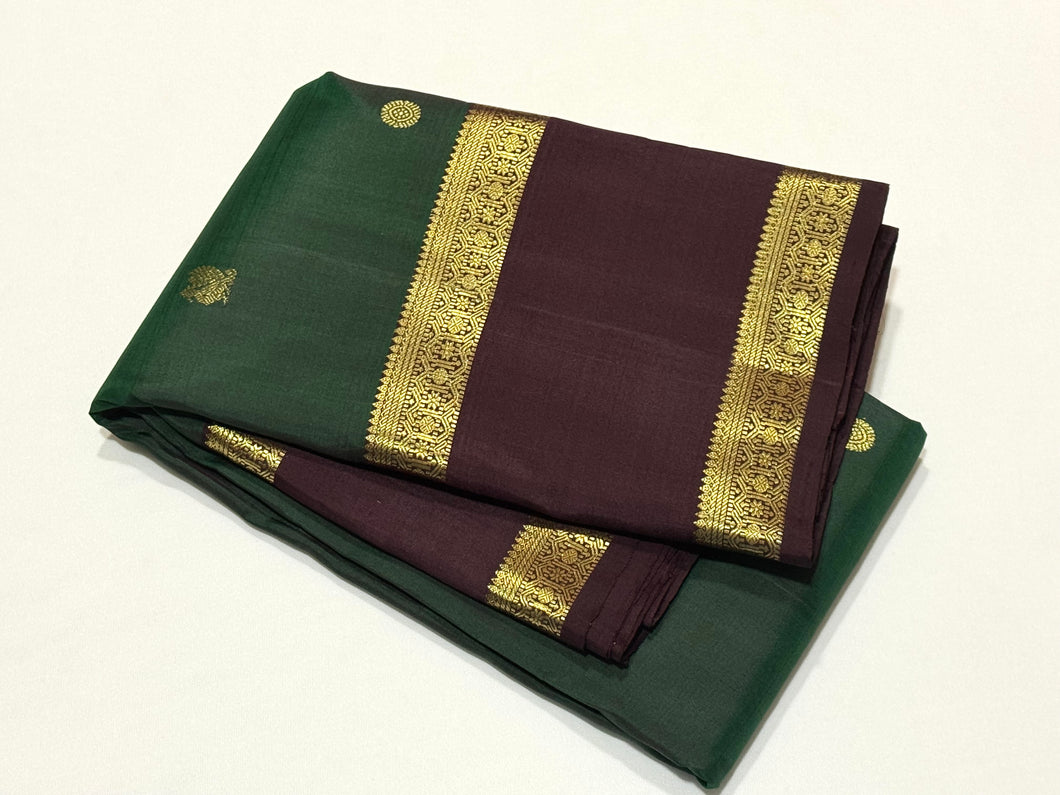 Dark Bottle Green with Coffee Brown Handwoven Pure Jari Buttas Kanjivaram with Doublepet borders rich pallu and contrast woven borders beauty