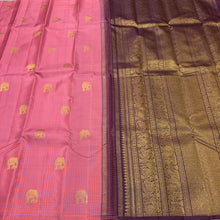 Saranga- Fantastic Borderless Handwoven Pure Jari Kanjivaram Silk in a beautiful pink and blue muted checked body with elephants motifs woven all over the body with rich deep brown pallu and contrast woven blouse