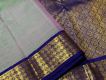 Dual tone Lavenderish Green with Blue Korvai with Rudraksha Borders Handwoven Pure Kanjivaram Silk Saree Beauty