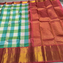 Pastel Palum Pazhamum Checks with Peach Handwoven Pure Jari Korvai Kanjivaram Silk Saree with rich borders beautiful pallu and contrast woven peach blouse