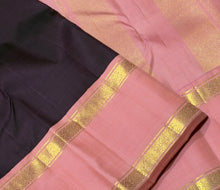 Sarasangi- Stunning Beetlenut Brown with Peachish Pink Handwoven Pure Jari Korvai Kanjivaram Silk with Classic Doublepet borders rich pallu and contrast woven blouse