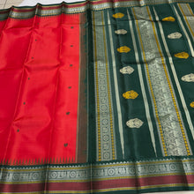 Saraswati- Gorgeous Red with Bottle Green Premium Zariless Korvai Pure Kanjivaram Silk with Buttas woven body rich borders beautiful gandaberundas woven pallu and contrast woven blouse!