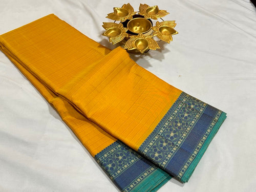 Yellow with Turquoise Green Blue Handwoven Pure Zariless Self Striped Soft Kanjivaram Silk With Buttas Body rich pallu and Jacquard Blouse