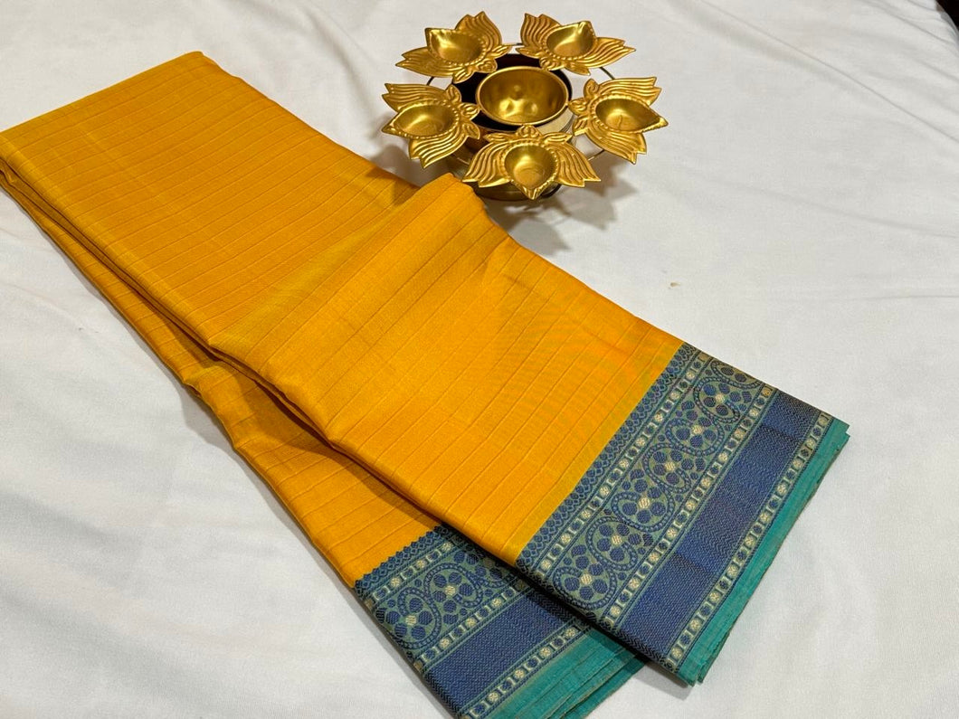 Yellow with Turquoise Green Blue Handwoven Pure Zariless Self Striped Soft Kanjivaram Silk With Buttas Body rich pallu and Jacquard Blouse