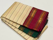 Vaibhogam- Fantastic Light Beige with Arakku and Green Handwoven Pure Jari Korvai Kanjivaram Silk with gorgeous neli veldhari woven body with rich rettapet borders gorgeous seepu rekku pallu and contrast woven arakku blouse