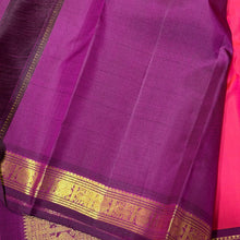 Sahana- Gorgeous Dual tone Tomato Orange with Deep Magenta Small borders with buttas Handwoven Pure Jari Kanjivaram Silk with rich pallu and contrast woven blouse