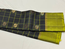 Black with Lime Green Handwoven Pure Kanjivaram Silk Saree woven in 1000 buttas style with rich pallu and contrast woven borders beauty