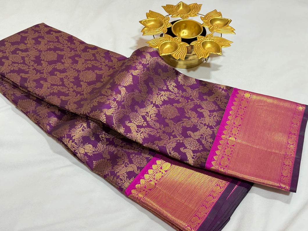 Deep Purple with Wine Brocade Vanasingaram Style Handwoven Pure Kanjivaram Silk Saree Beauty