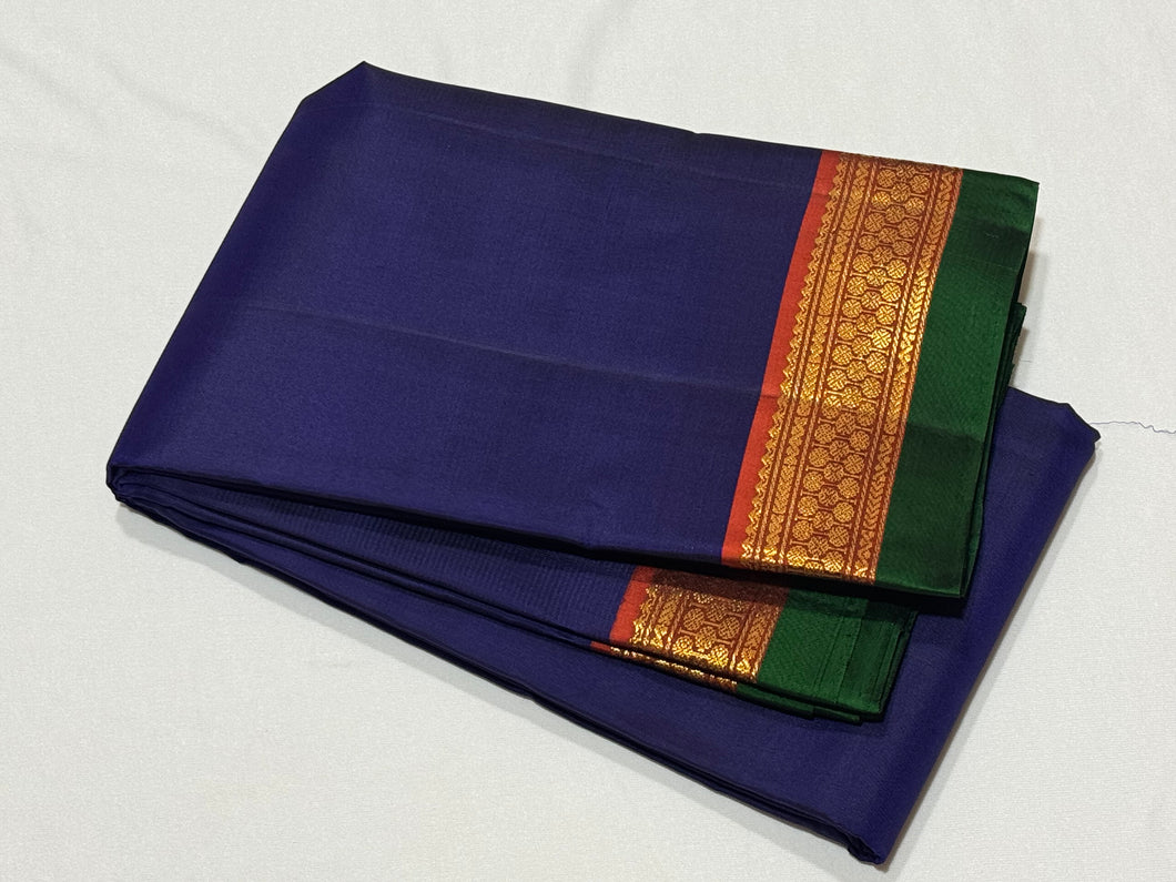 MS Blue with Rust Handwoven Pure Kanjivaram Silk Saree with spaced borders rich pallu and contrast woven blouse beauty