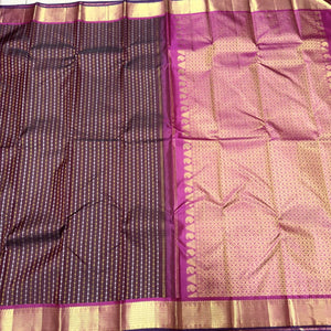 Brown with Wine Thodar Buttas Handwoven Pure Jari Kanjivaram Silk Saree Beauty