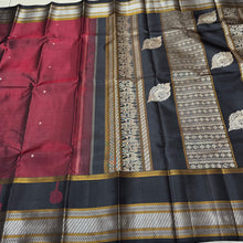 Premium Weave- Deep Maroon with Black Handwoven Pure Zariless Kanjivaram Silk Saree with Buttas woven body spaced double borders shanku motifs woven pallu beauty