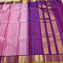 Nayaki- Beautiful Lotus Pink with Deep Purple Handwoven Pure Kanjivaram Silk with gorgeous honeycomb design woven borders with green jamudu with rich pallu and contrast woven blouse