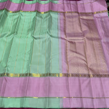Sahana- Gorgeous Pastel Pista Green with Lotus Pink Handwoven Pure Jari Kanjivaram Silk with Striped body beautiful borders rich pallu and contrast woven blouse