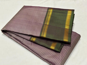 Dual tone pink grey with Green Striped Doublepet Handwoven Pure Light weight Kanjivaram Silk Saree Beauty