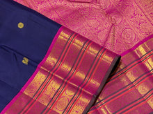 Vaibhogam- Stunning Deep Blue with Fuchsia Pink Handwoven Pure Jari Korvai Kanjivaram Silk with beautiful buttas woven body with rich varisaipet borders beautiful pallu and contrast woven blouse with green selvedges