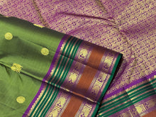 Olive Green with Deep Magenta Buttas Handwoven Pure Jari Kanjivaram Silk Saree with Varisaipet Borders beauty