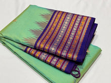 Pista Green with Violetish Blue Korvai with buttas Varisaipet Borders Handwoven Pure Zariless Kanjivaram Silk Saree Beauty