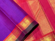 Nayaki- Gorgeous Vadamalli Purple with Double tone Orange and beautiful Green Selvedges Handwoven Pure Jari Kanjivaram Silk with Small borders rich pallu and contrast woven beautiful blouse
