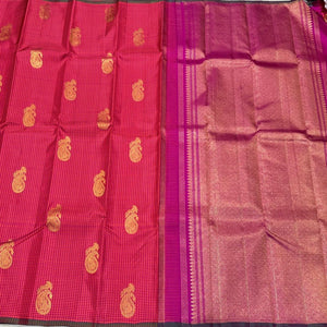 Dual tone Orange with Pink Podikattam Checks with Buttas Borderless Handwoven Pure Jari Kanjivaram Silk Saree Beauty