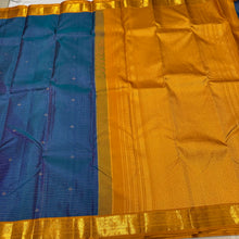 Peacock Blue with Golden Mustard Jari Oosi Kattam with Buttas Korvai Handwoven Pure Korvai Kanjivaram Silk Saree Beauty