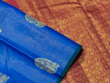 Saranga-Gorgeous Ananda Blue with Double tone Reddish Pink Borderless Handwoven Pure Jari Vairaoosi with Buttas with rich pallu and contrast woven blouse with green selvedes