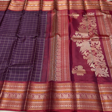 Saraswati- Gorgeous Coffee Brown  With Maroonish Red  Handwoven Premium Zariless Kanjivaram Silk with beautiful muthukattam silk checked body with gorgeous varisaipet borders rich sorgavaasal pallu and contrast woven blouse