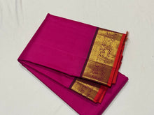 Deep Rani Pink with Dark Magenta Handwoven Pure Jari Kanjivaram Silk Saree with Orange Selvedges rich pallu and contrast woven blouse